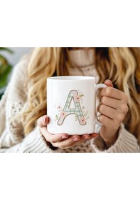 Resim A Harfli Çiçek Desenli Kupa Bardak - Ekose Desenli Yeşil Pembe Desenli Tasarım - Kişiye Özel Hediye Beyaz 