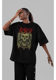 Resim Slayer Rock Metal Müzik Grubu Ön Baskılı Unisex Oversize Tişört Siyah 