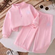 Resim Kız Çocuk Uzun Kollu Kapüşonlu ve Pantolon Takımı, Düz Renk, Sıcak Peluş Harf İşlemeli, Yarım Fermuarlı, Dik Yaka, Pileli Detaylı Günlük Pantolon, 0-3 Yaş Bebek Kız Çocuklar İçin Uygun, Sonbahar/Kış Açık Hava Sporları ve Boş Zaman Tatili İçin Mükemmel 