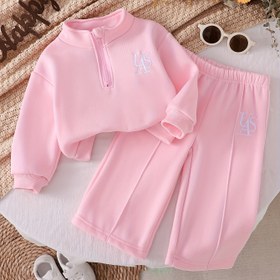 Resim Kız Çocuk Uzun Kollu Kapüşonlu ve Pantolon Takımı, Düz Renk, Sıcak Peluş Harf İşlemeli, Yarım Fermuarlı, Dik Yaka, Pileli Detaylı Günlük Pantolon, 0-3 Yaş Bebek Kız Çocuklar İçin Uygun, Sonbahar/Kış Açık Hava Sporları ve Boş Zaman Tatili İçin Mükemmel 