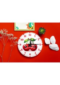 Resim Kiraz Desenli Duvar Saati Çocuk Odası Dekoratif Sessiz Mekanizma 40 Cm Bordo 