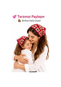 Resim Anne Kız Kombin Bandana El Örgüsü Saç Bandı Bohem Stil Ayarlanabilir 2li Set Kırmızı 