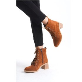 Resim Lena Bağcıklı Fermuarlı Ortopedik Taban Topuklu Süet Kadın Bot Tt - Taba Taba 