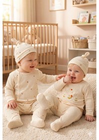 Resim Babymod Çiçek Desenli Şapkalı 2'li Pamuklu Kız Bebek Tulum Set Ekru 