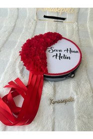 Resim Kınasepeti Kişiye Özel İsimli Gelin Defi, Kırmızı 3D Çiçekli ve Saten Kurdeleli Kına Gecesi Tefi 