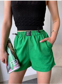 Resim Biçomi Armalı Keten Şort Yeşil S251003 Yeşil 
