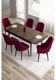 Resim Canisa Tia Serisi Açılabilir Mdf Mutfak Masası Takımı Barok Desen Masa 6 Mürdüm Sandalye Masa Barok Ahşap Desen Sandalye Mürdüm 