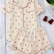 Resim Kadın Pijama Takımı, Kısa Kollu + Şort, Kayısı Kiraz Baskılı İlkbahar/Yaz Ev Giyimi 