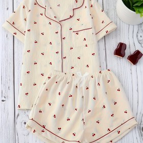 Resim Kadın Pijama Takımı, Kısa Kollu + Şort, Kayısı Kiraz Baskılı İlkbahar/Yaz Ev Giyimi 