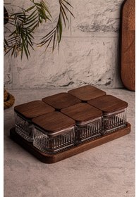 Resim Snippy Bella Kare 6'lı Vakumlu Kapaklı Tepsili Cam Kahvaltılık Ahşap - Şeffaf 