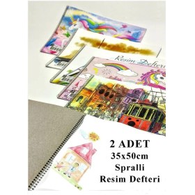 Resim 35X50 cm Spiralli Resim Defteri 2 Adet 15 Yaprak Spiralli Büyük Boy Resim Defteri Karton Kapak 110 gr 