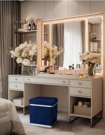 Resim Zengo Silver Twin Line Kare Puf -mavi Kumaş, Dekoratif Makyaj Masası Pufu-modern Style 