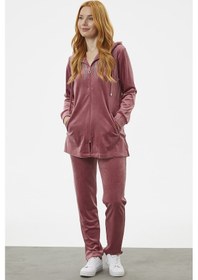 Resim Tam Fermuarlı Kadife Taşlı Eşofman Takım - Gül Kurusu 001 