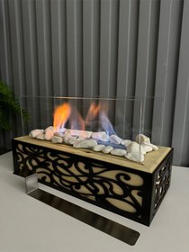 Resim Esha Home Ahşap Masa Üstü Siyah Ahşap İşlemeli Bioethanol Şömine Sertifikalı Yakıt Ve Dekoratif Taş 