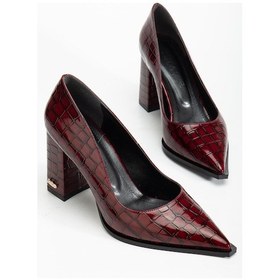 Resim Suins Premium Kevin Model Kadın Kalın Topuklu Kroko Stiletto Ayakkabı Bordo 