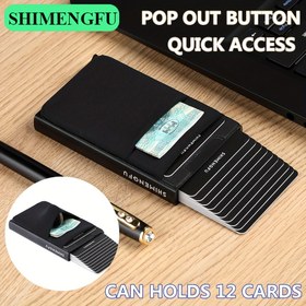 Resim 1 adet Erkeklerin RFID Bloke Kart Tutucu, İnce Alüminyum Alaşım Otomatik Pop-up Kredi Kartı Tutucu, İş Kartı Kılıfı, Minimalist Kart Organizatörü Kimlik Kartı Tutucu 