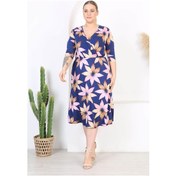 Resim Kadın Lacivert Bej Lotus Desen Kruvaze Yaka Esnek Bel Büyük Beden Elbise Lacivert Bej Lacivert - Bej 