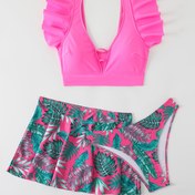 Resim Tropikal Pembe Ruffled Yüksek Bel Bikini Seti, Tropikal Baskılı Etek ve Eşleşen Üst ile 