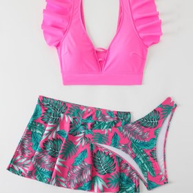 Resim Tropikal Pembe Ruffled Yüksek Bel Bikini Seti, Tropikal Baskılı Etek ve Eşleşen Üst ile 