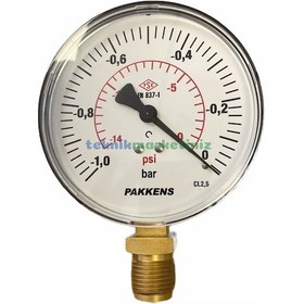 Resim 100MM -1/0 Bar ALT Çıkışlı G1/2" VakuMMetre. Vakum Ölçer Pakkens 