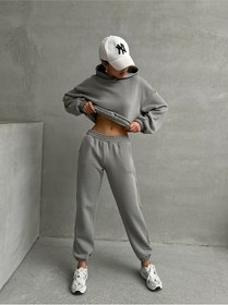 Resim Kadın Pamuklu İçi Polarlı Basic Eşofman Takımı Gri 