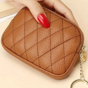 Resim Vintage Stil Kadın Mini Cüzdan - Şık Kahverengi Madeni Para Cüzdanı Fermuarlı, Anahtar Tutucu ve Kart Yuvaları ile, Günlük Kullanım için Kompakt Tasarım, Küçük Cüzdan 