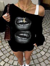 Resim Afri Kadın Siyah Oversize Sweatshirt Baskılı Dudak Desenli, Sokak Stili, Rahat Kesim Siyah 