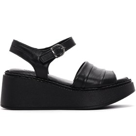 Resim Women's Black Ankle Strap Wedge Heeled Leather Comfort Sandals 