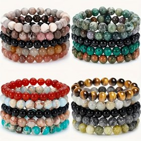 Resim 5 parça doğal kaplan gözü taşı Hint akik moda erkek bilekliği harita taşı Amazon taşı çift bileklik siyah çizgi kırmızı desen taşı pembe zebra çok parçalı set elastik boncuk bileklik arkadaşlara ve aileye tatil doğum günü hediyesi oğluna babaya babalar günü hediyesi 