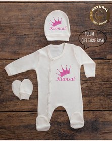Resim yzc home size dair... K70 T Ekru Renk Isme Özel Isimli Baskılı Bebek Tulum Şapka Eldiven Set Hastane Çıkışı 