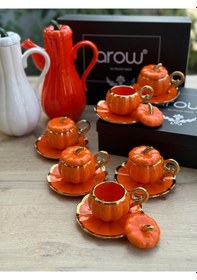 Resim 6 Kişilik Lüks Kabaklı Porselen Turuncu Kahve Takımı Turuncu 