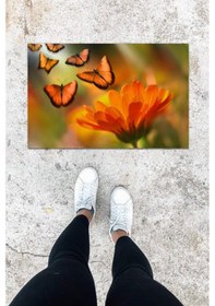 Resim Dijital Baskı Turuncu Çoklu Kelebek Desen Kapı Önü Paspası K-1053 