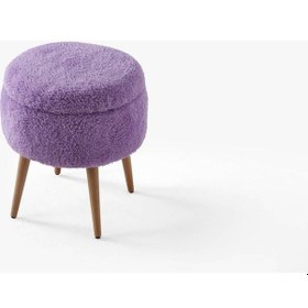 Resim Teddy Ahşap Ayaklı Sandıklı Yuvarlak Puf Makyaj Masası Pufu - Dekoratif Ayak Uzatma Pufu Mor 
