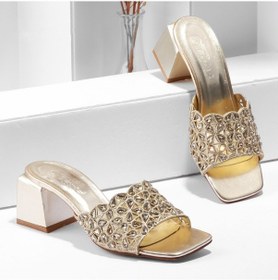 Resim Kadın Altın Taş Detaylı Topuklu Terlik Altın 