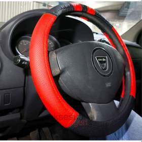 Resim Geçme Deri Direksiyon Kılıfı - Spor Görünüm - Delikli Siyah Kırmızı Renk - 38cm 