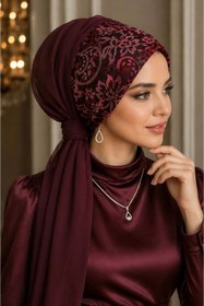 Resim Aişe tesettür Bordo Kırmızı Abiye Tokalı Bone / Hazır Duvak 