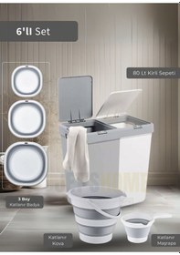 Resim Jet's Home 6'lı Banyo Seti Çamaşır Sepeti Katlanır Badya Katlanır Kova Katlanır Maşrapa Bpa Free Beyaz - Gri 