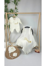 Resim Gros Shop Müslin Yeni Doğan 4katlı Organik %100pamuk Kişiye Özgü Nakışlı Hastane Çıkış Seti-güneş Model-1 Ekru 
