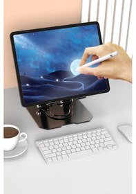 Resim 360 Dönen Siyah Metal Ayarlanır Katlanabilir Tablet Telefon Yükselten Tablet Telefon Çalışma Standı 