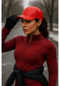 Resim Yake Store Klasik Kırmızı Renkli Düz Siperlikli Deri Baseball Şapka - Sade Şık Tasarım Spk1104 - Kırmızı Kırmızı 