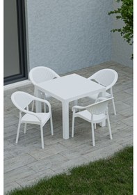 Resim 90x90 Cm Rattan 4 Kişilik Masa Takımı Camsız Bambu Sandalye Bahçe Teras Takımı Oturma Grubu Beyaz 