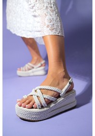 Resim Luvi Shoes Juney Bej Kadın İpli Dolgu Topuk Sandalet Bej 