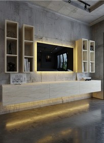 Resim Resital Ledli Duvara Monte Tv Sehpası - Traverten - W6005-8 Traverten 