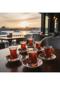 Resim Paşabahçe 6'lı Çay Bardağı 130cc Ve Porland Porselen 6'lı Çay Tabağı Set Kolye,küpe Hediyeli Şeffaf 