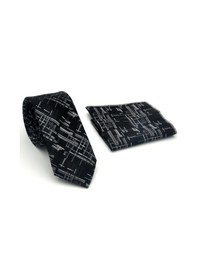 Resim Gaffy Beyaz Kırcıl Desenli Siyah Dokuma Kumaş Mendilli Slim Fit Kravat // Sdk-2611-1 Siyah 