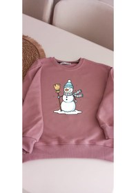 Resim Kız Çocuklar İçin Kardan Adam Baskılı Pudra Rengi Sweatshirt Pudra 