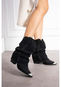 Resim Shoetek Sasilya Kadın Kovboy Bot Körüklü Burun Demirli Mat Siyah Deri Sıyah Cılt Siyah 