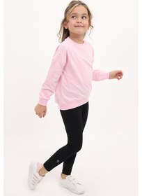 Resim Toontoy Kids Toontoy Kız Çocuk 2'li Takım Baskılı Bisiklet Yaka Düşük Omuz Sweatshirt & Basic Düz Tayt Açık Pembe 