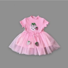 Resim 1-2-3 Yaş Payetli Çilek Baskılı Çilek Kuşaklı Kız Bebek Elbisesi Pembe Pembe 