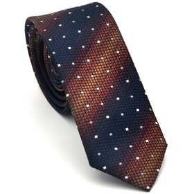 Resim Gaffy Kahverengi Verev Desenli Lacivert Dokuma Kumaş Mendilli Slim Fit Kravat // Sdk-2505-2 Lacivert 